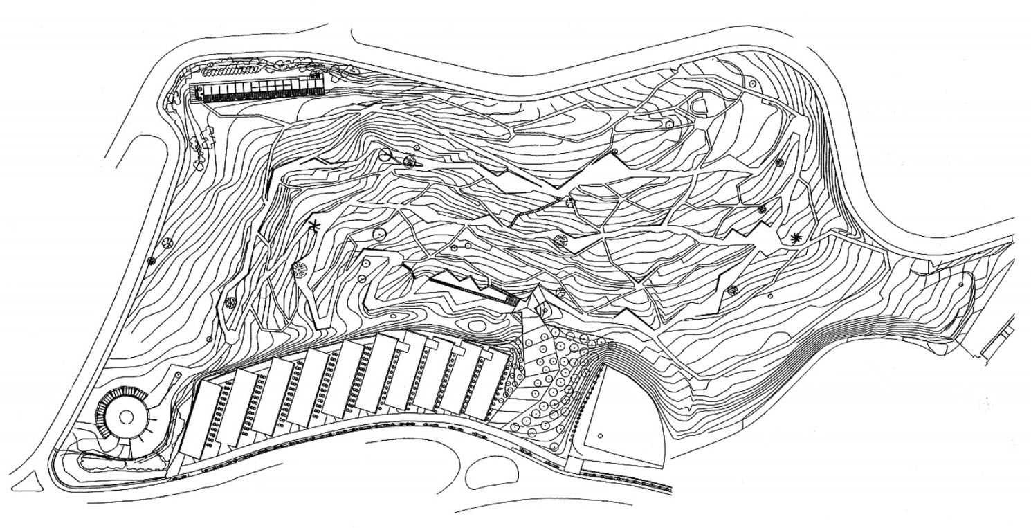 An irregular triangular grid spreads across the garden, organising the planting typologies and path network.