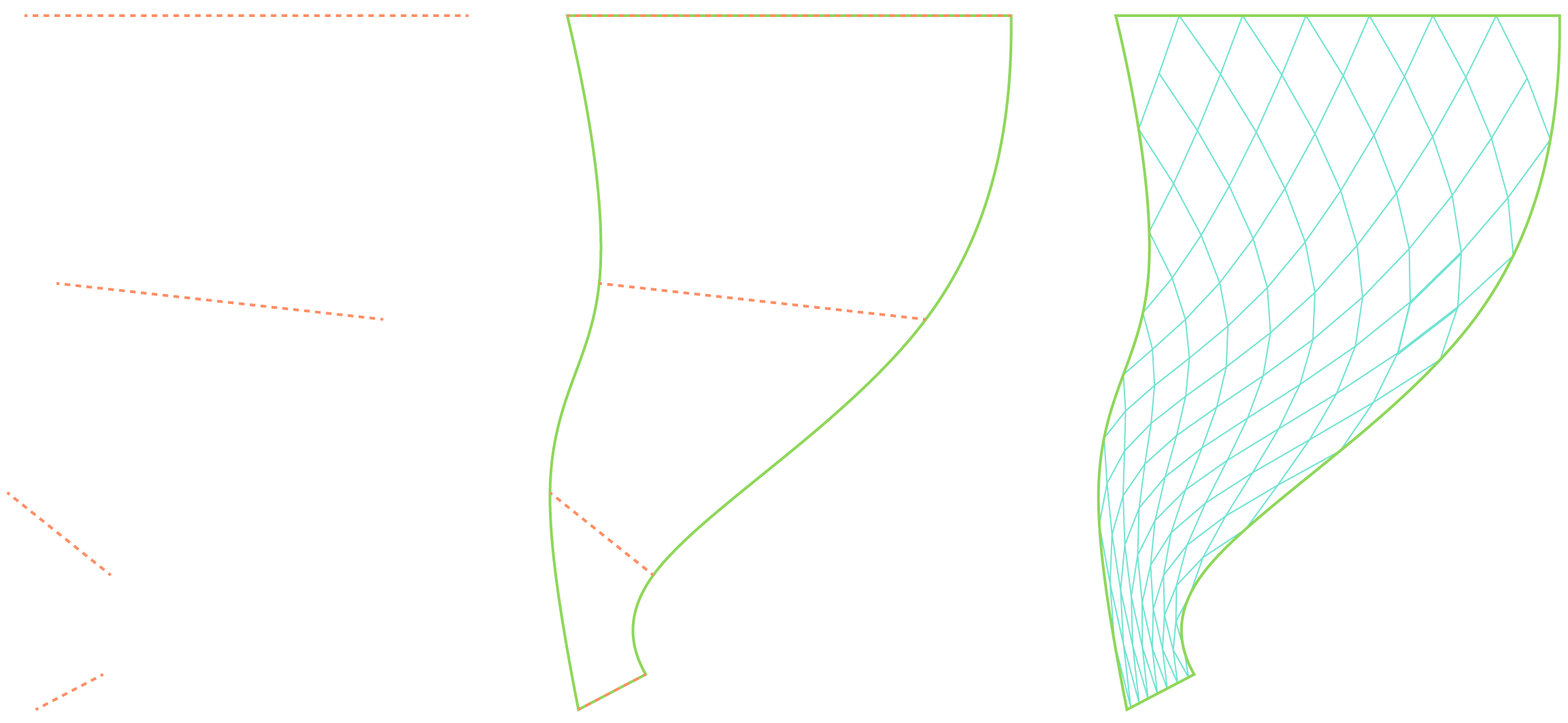 A surface is lofted through a set of 4 base curves and a diamond grid is fitted across it.