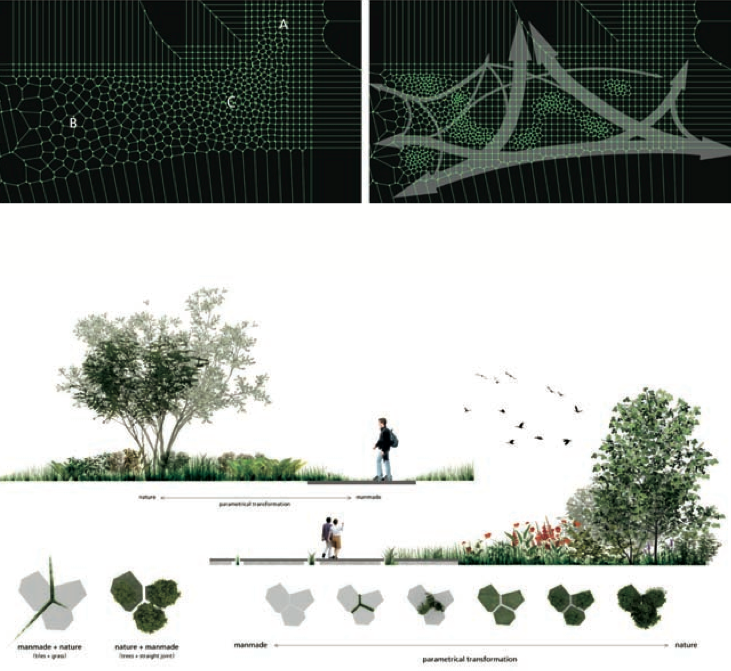 The design logic was able to reformulate the tiling and vegetation distributions according to desired entry paths.