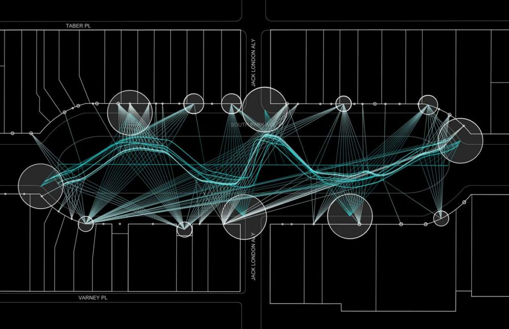 Control points of varying intensity are parametrised to manipulate the alignment of that path which runs through the site.