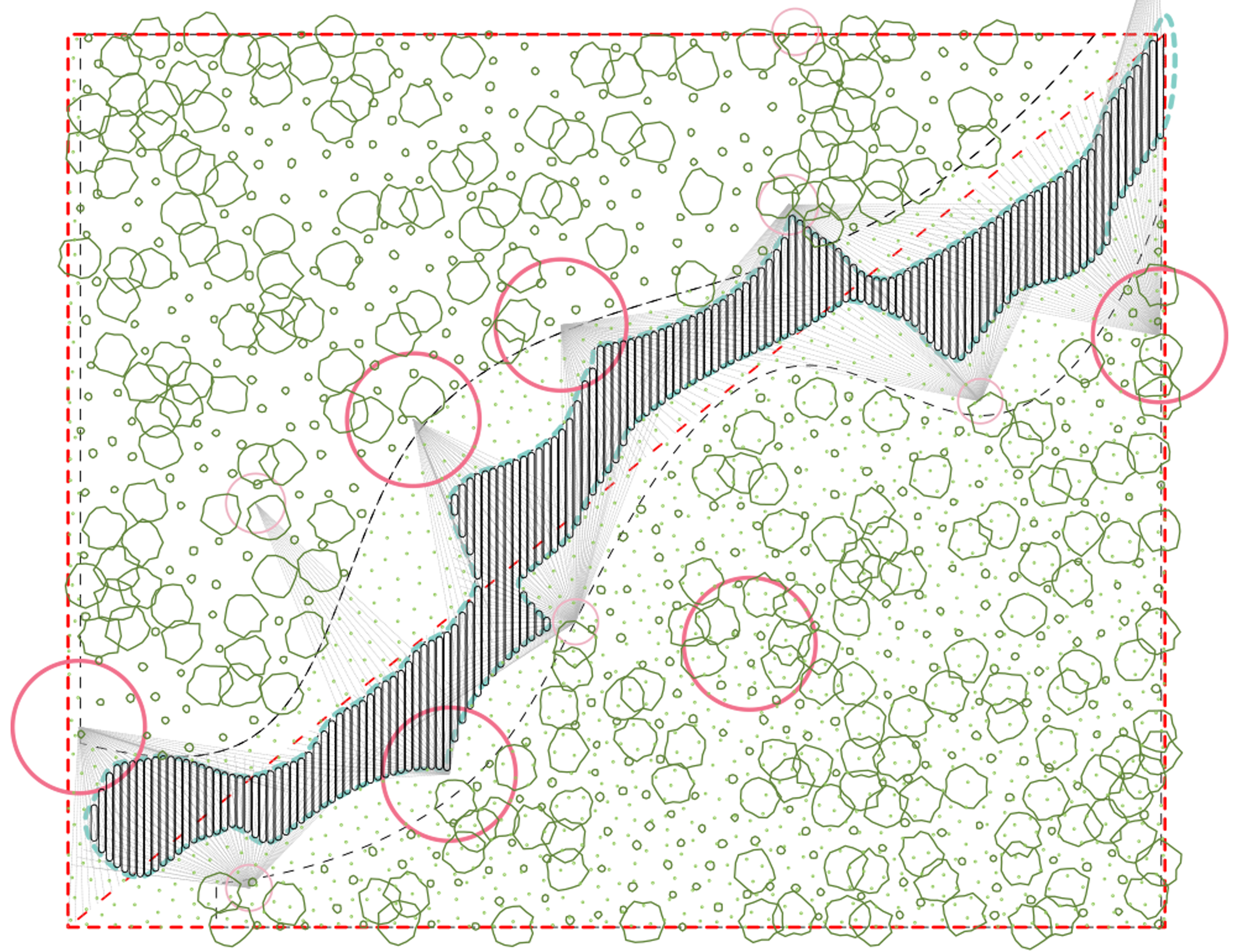The script is capable of operating over a wide range of environments. Here it regulates how a path moves through a forest.