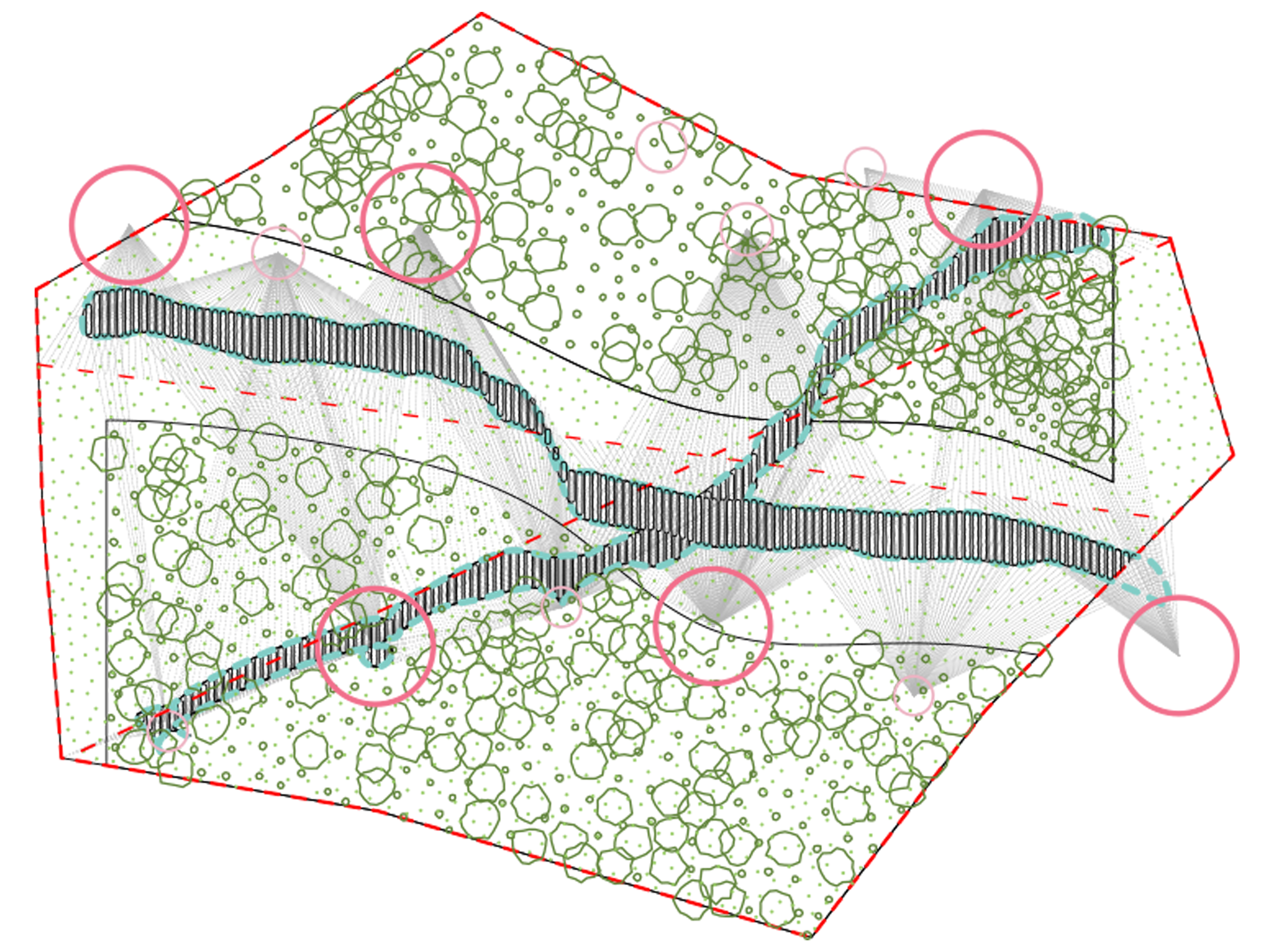 The script can be easily altered to accommodate additional, site-specific. variations. Here an additional path is influenced by the original set of attractor curves and cuts under the first path, while at the same time the definition rebuilds garden beds around it.